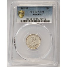 AUSTRALIA 1918 . SIXPENCE . PCGS AU58